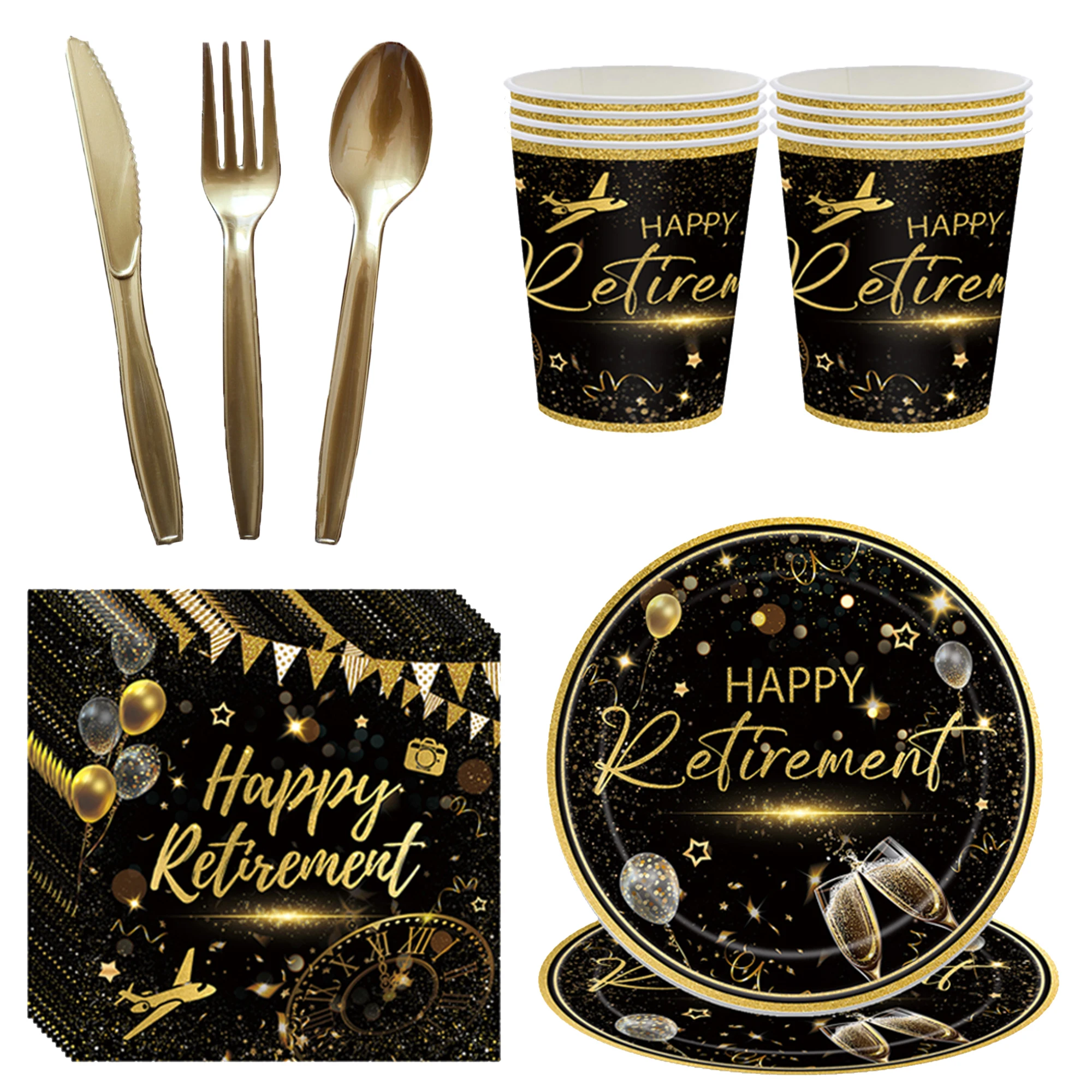 Retirement Party Decoration Black and Gold Plate Cup Napkin Fork Retirement Table Decorations for Retirement Party Men and Women