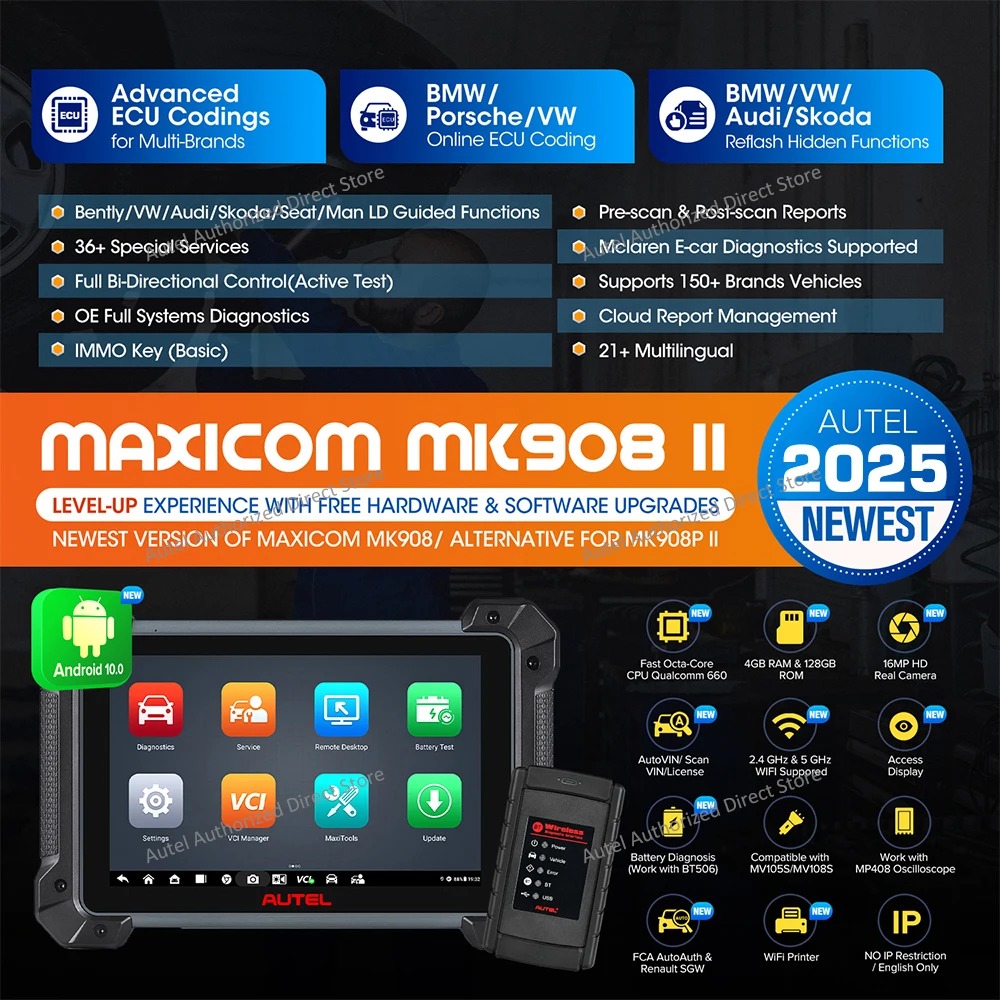 Autel MaxiCOM MK908 II Car Diagnostic Tools OBD2 Automotive Scanner Diagnostics for McLaren, ECU Coding VAG Guided, AutoScan 2.0