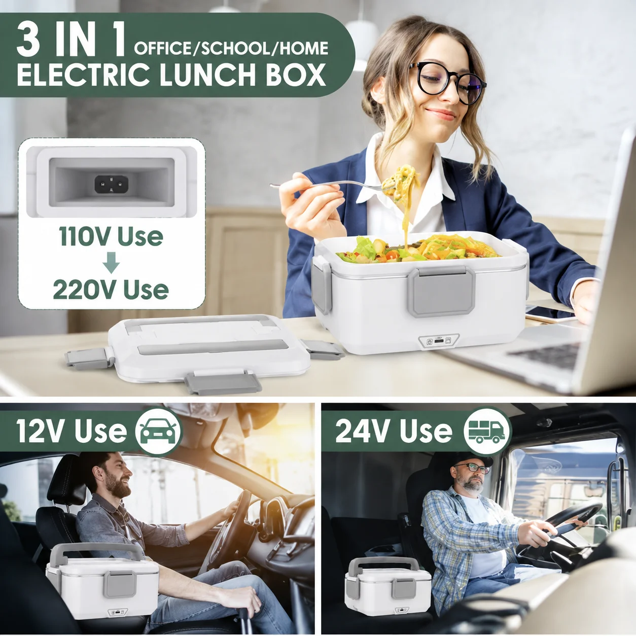 2,5L Elektrische Lunchbox, 90W Schnellheizende Essenswärmer, 304 Edelstahl-Behälter, Tragbare Beheizte Bento-Box, EU-Standard 220V & 12V/24V für Auto, LKW, Zuhause, Büro, Reisen, mit Edelstahl-Gabel, Löffel & Isoliertasche – Detail 5