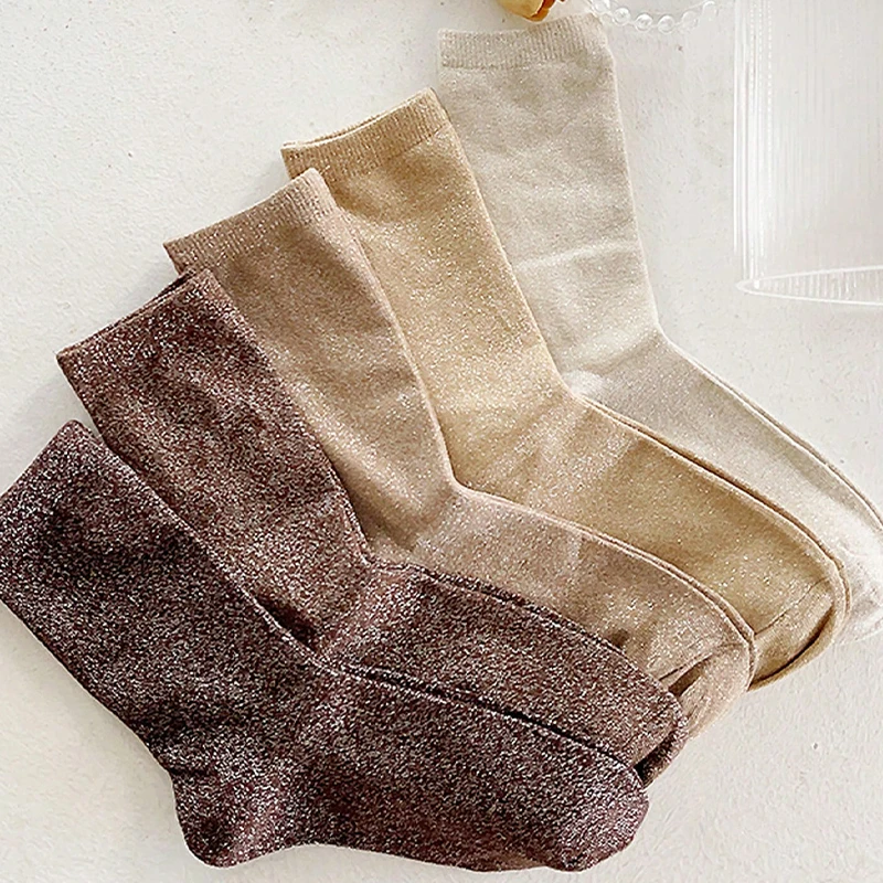 5 paires de fils argentés brillants de couleur unie et d'or et d'argent de couleur bonbon, adaptés aux chaussettes de mollet pour femmes et cadeaux