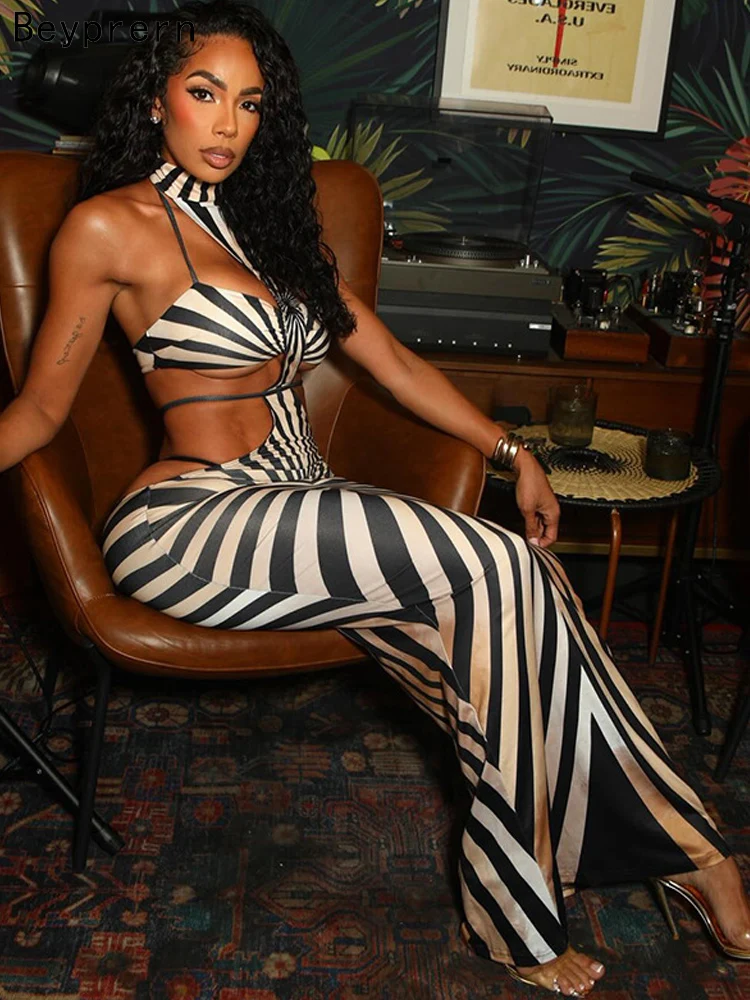 Robe longue moulante Beyprern à rayures zébrées pour femme, sexy, dos nu, découpes, pour soirée, club, été