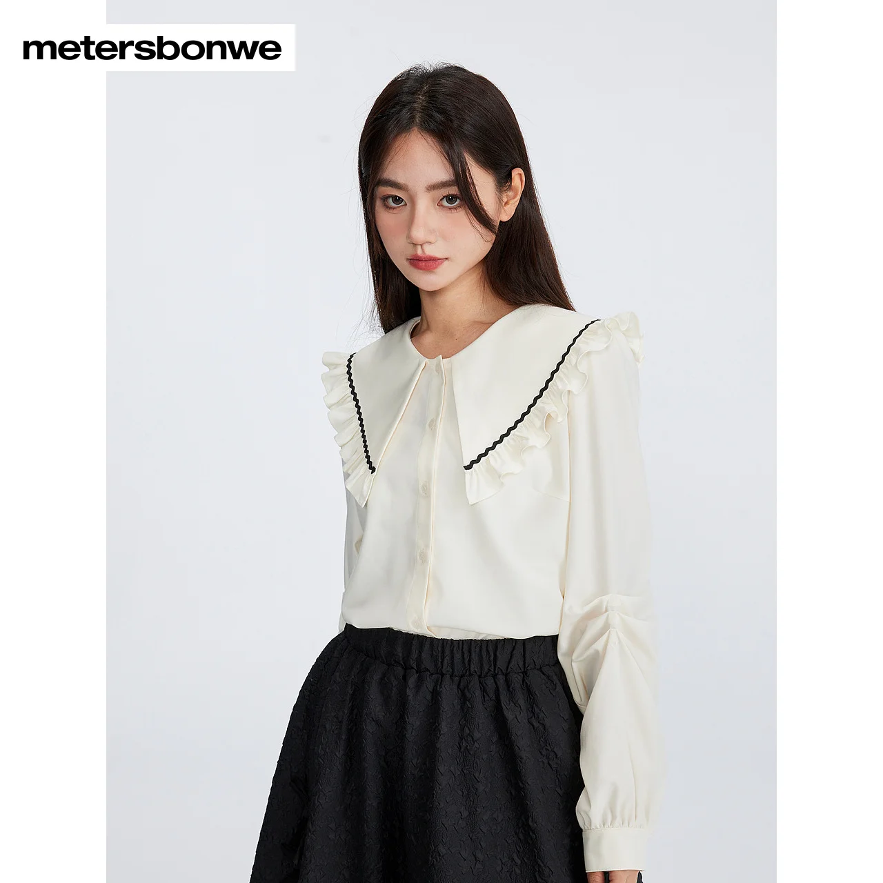 Metersbonwe-Women's Sweet Ruffled Large Lapel Long Sleeve Shirt Comfortable Version Sleeve Fold Design Tops Commute Spring