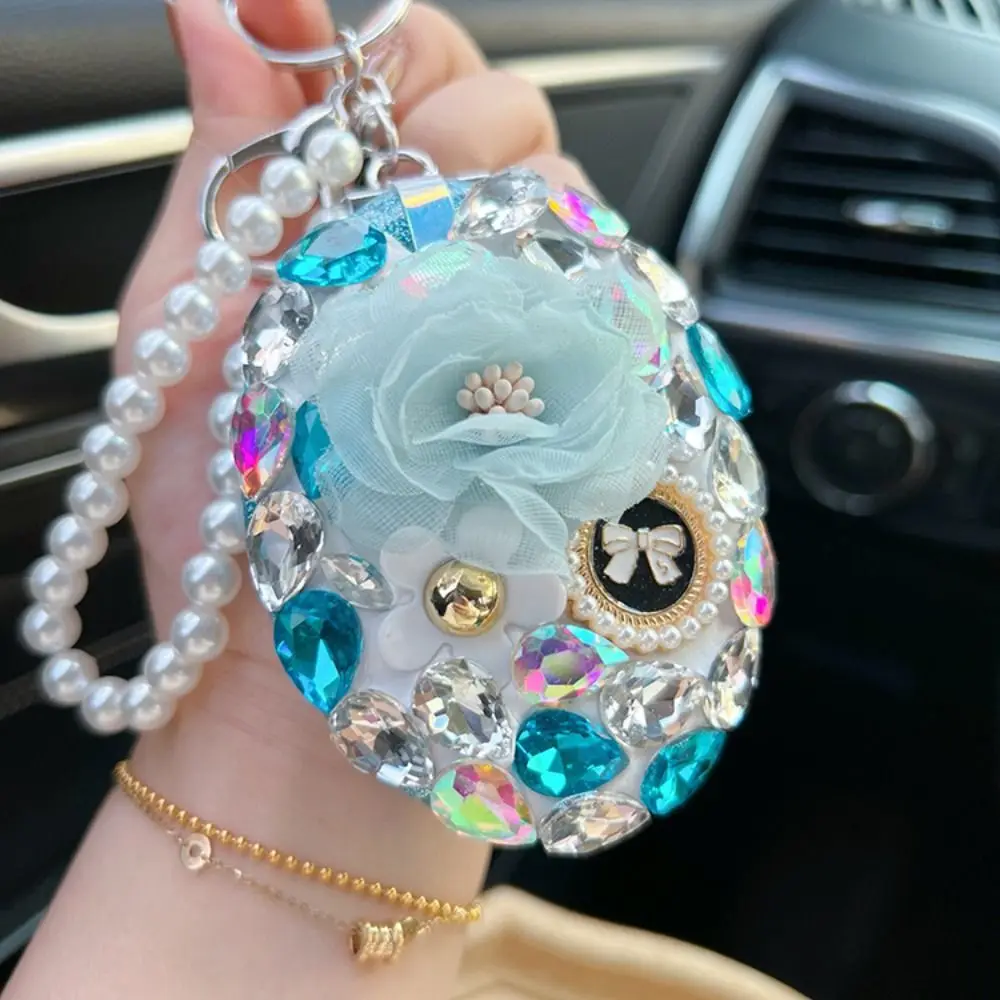 Full Rhinestone Camellia Makeup Mirror Portable Folding Elegant Car Keychain Sparkling Pearl Chain Touch Up Mirror Women