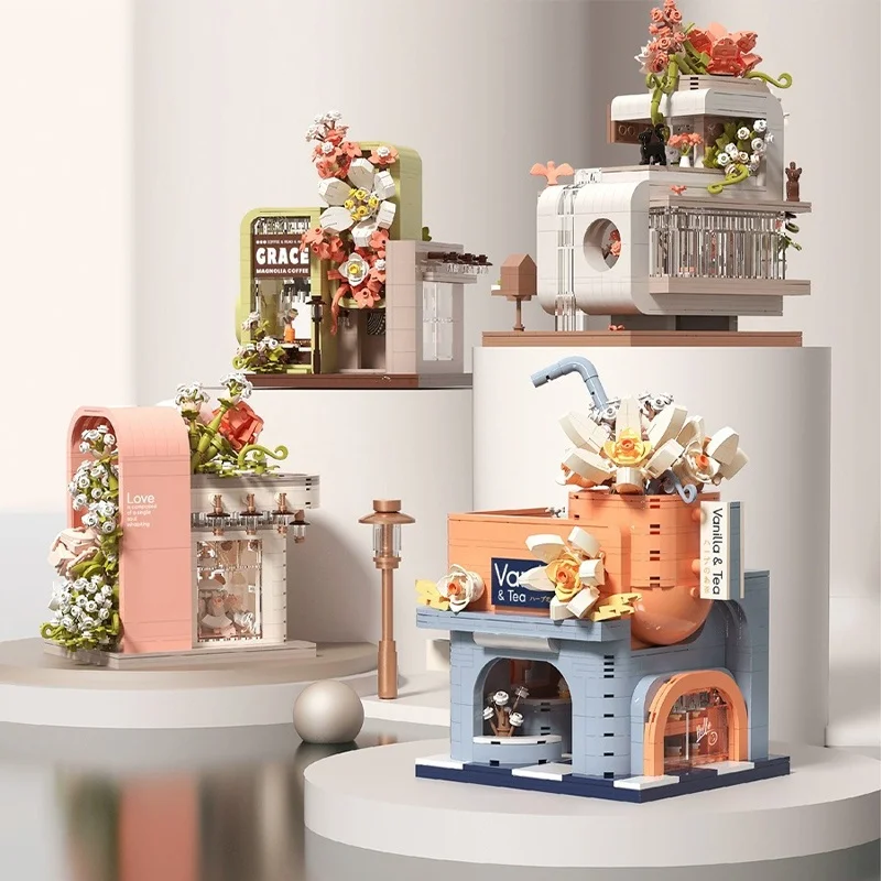 

Flower Street City Street View Building Block Bouquet Girl's Birthday Gift Small Particles Puzzle Diy Assembled Toys 2024 New