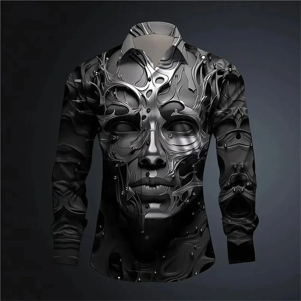 

Men's 2024 Horror Print Long Sve irt Casual Version Fce Lined Thiened Collar Nine Points Autumn Faion