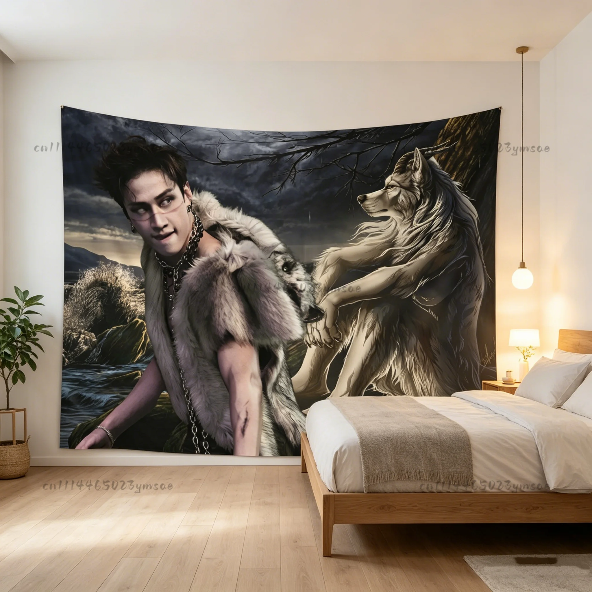 Funny Meme Tapestry SSKZ BangChan Alpha Wolf Flag Wall Tapestries Aesthetic Bedroom Dorm Background Cloth Room Home Decor Banner