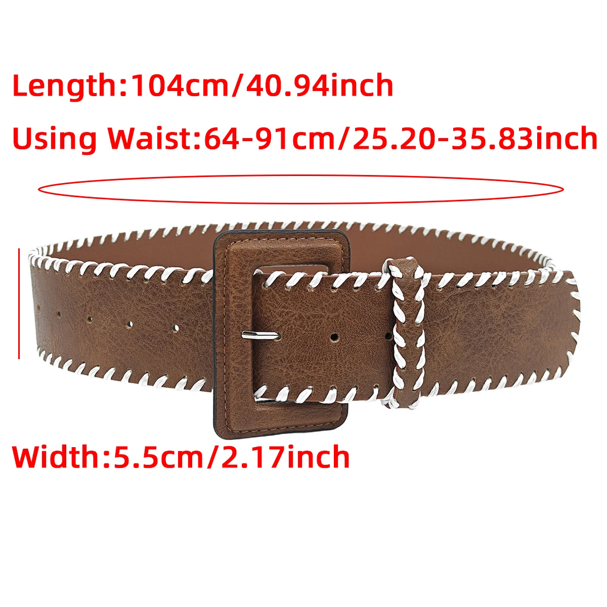 Brown PU leather wide belt for women, retro fashion, woven thread decorative leather buckle belt, Bohemian style