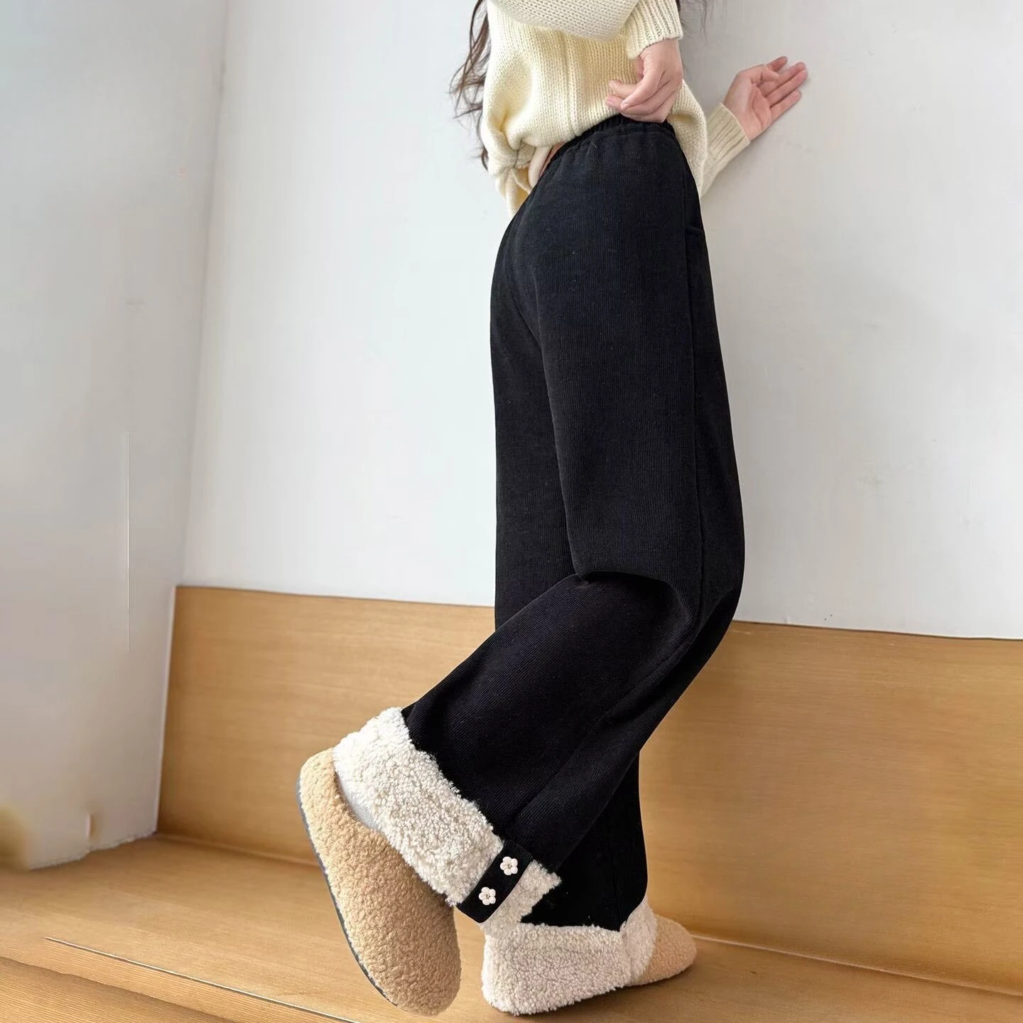Girls Fleece Wide Leg Pants 2026 Winter Thick Warm Straight Leg Kids Long Trousers Casual Children Clothing