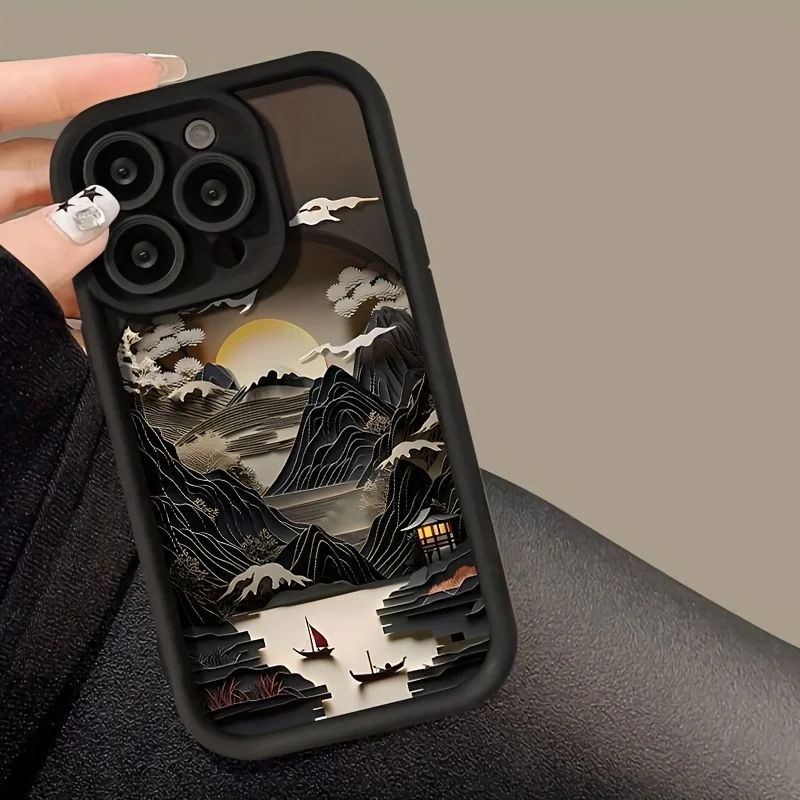 

Landscape painting black TPU phone case, suitable for Apple iPhone17 16/15/14/13/12/11/XR/Pro/Plus/Pro Max protective case