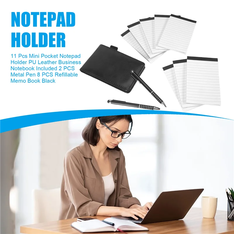 Solid 11 Pcs Mini Pocket Notepad Holder PU Leather Business Notebook Included 2 PCS Metal Pen 8 PCS Refillable Memo Book Black