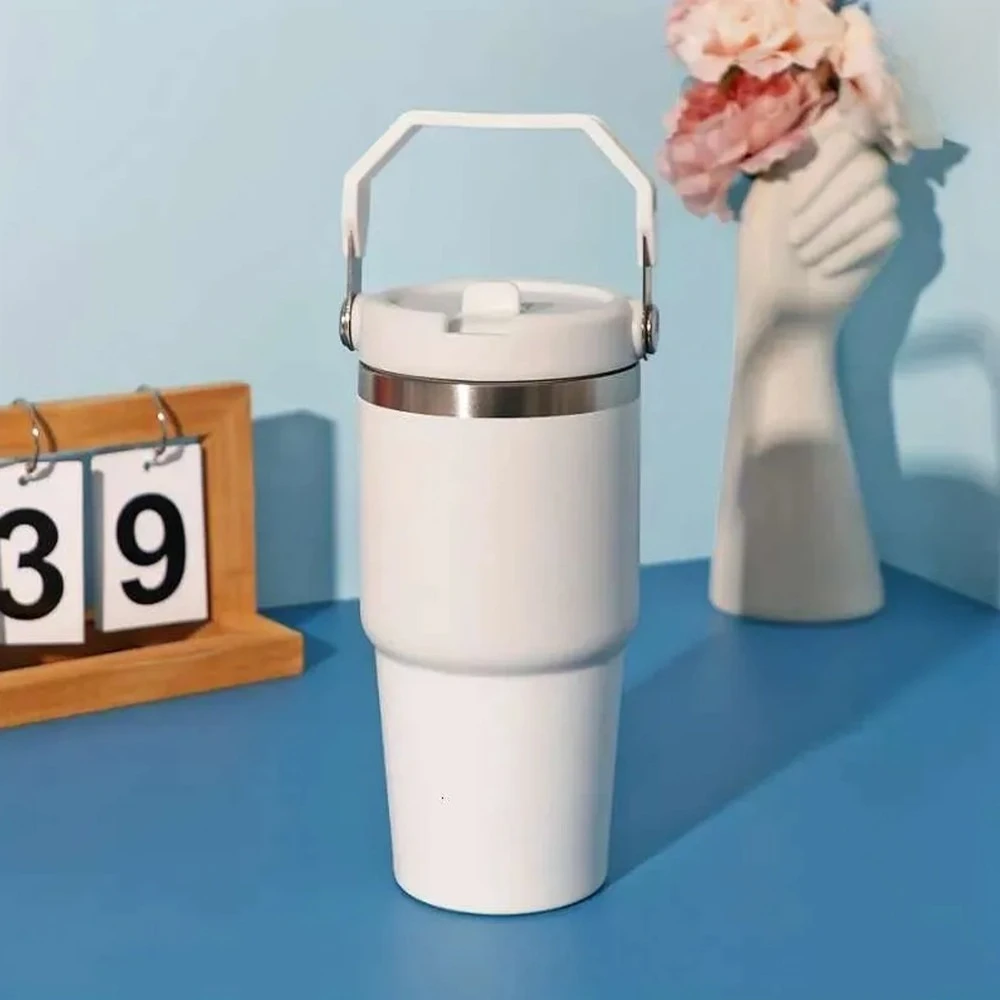 Garrafa Térmica de Aço Inoxidável 600ml 900ml com Alça e Tampa Flip, Manutenção de Temperatura para Trabalho, Academia e Viagens