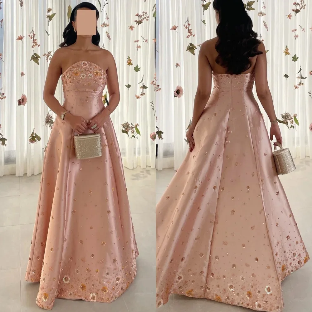 

Customized Satin Sequined Flower Beading Ruched Christmas A-line Strapless Bespoke Occasion Gown Long Dresses