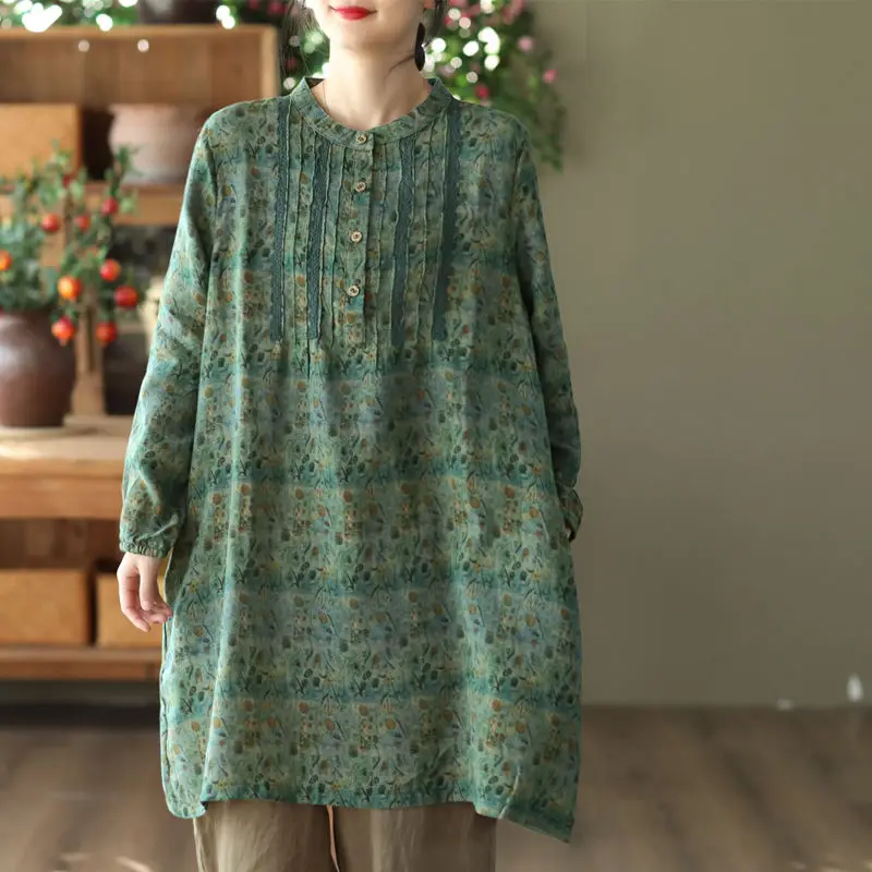 Vintage 2023 Button Round Neck Printing Long Sleeve Womens Spring Autumn Ethnic Style Loose Fitting Mid Length Straight Dresses