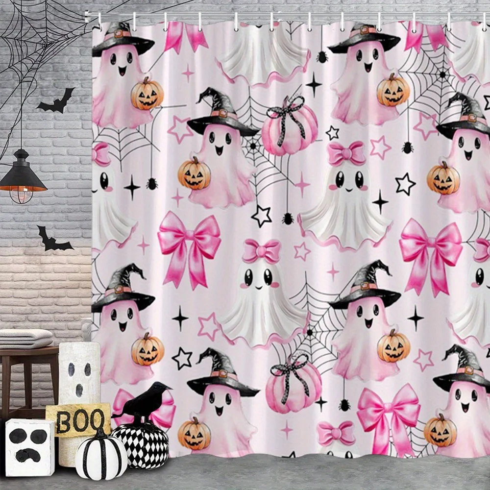2D Flat, 2D Flat, 1pc 2D Flat Printing Shower Curtain with Hooks - Ultra-Long Halloween Shower Curtain - Cute Pink Ghosts, Pumpk