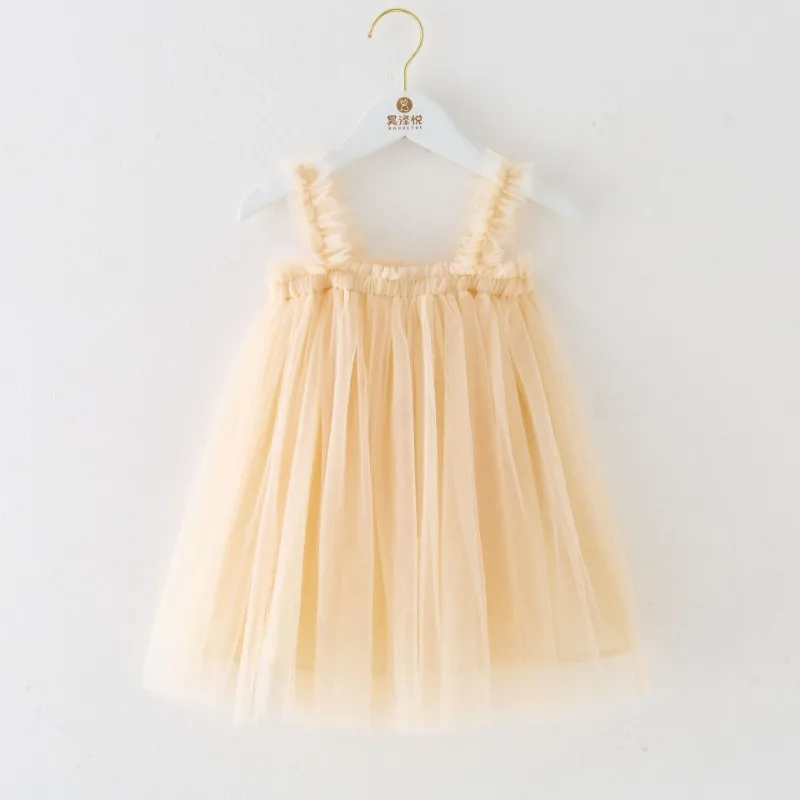 2024 Summer New Girls Solid Color Suspender Mesh Dress Sweet Sleeveless Children Princess Fluffy Dress 1-6T