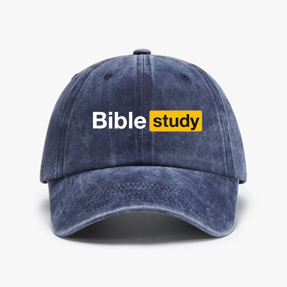 Men's Women's Bible Study Distressed Baseball Cap White BIBLE STUDY & Bible Icon Label Adjustable Washed cowboy hats
