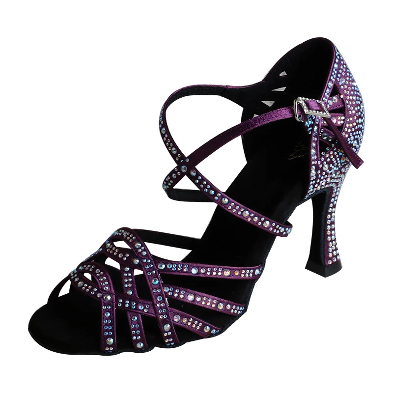 Customized Latin Dance Shoes for Women Ballroom Tango Rhinestones Dancing Shoes High Heels Purple Women's Wedding Shoes