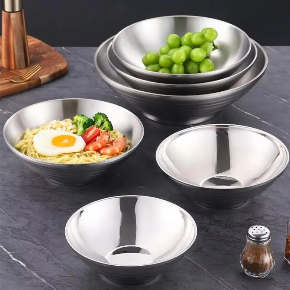 304 Stainless Steel Ramen Bowl Double Layer Large Rice Salad Bowl Threaded Anti Scalding Cold Noodle Soup Bowl Home Restaurant