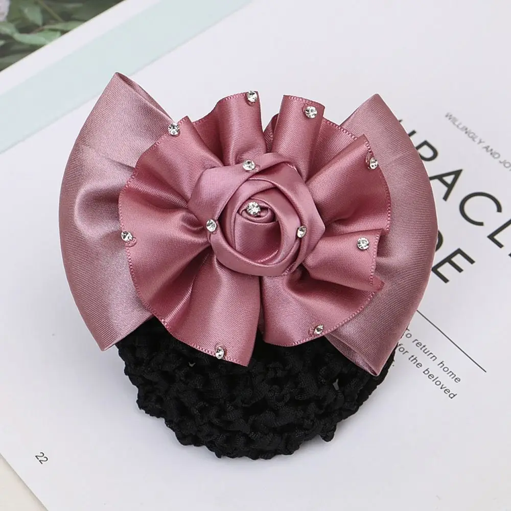 Korean Style Women Headdress Flower Rhinestone Ponytail Holder Girl Hair Accessory Girl Bun Cover Snood Spring Clip