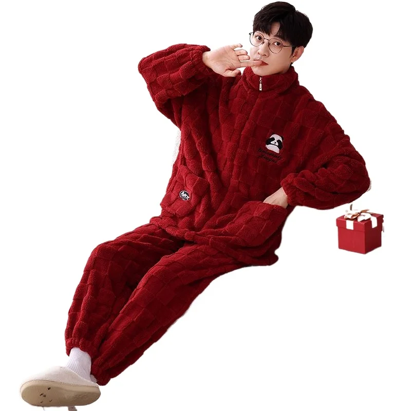 [Top Gua Gua] Pajamas Men's Coral Fleece Long Sleeve Autumn and Winter Thickened Fleece Two-piece Set Cardigan Premium Zipper