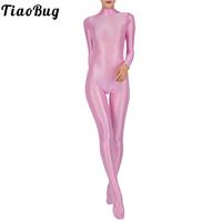 Women Glossy Full Body Jumpsuit Gym Yoga Tights Rompers Mock Neck Long Sleeve Footed One Piece Jumpsuit Clubwear Sportwear