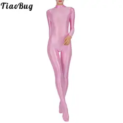 Women Glossy Full Body Jumpsuit Gym Yoga Tights Rompers Mock Neck Long Sleeve Footed One Piece Jumpsuit Clubwear Sportwear