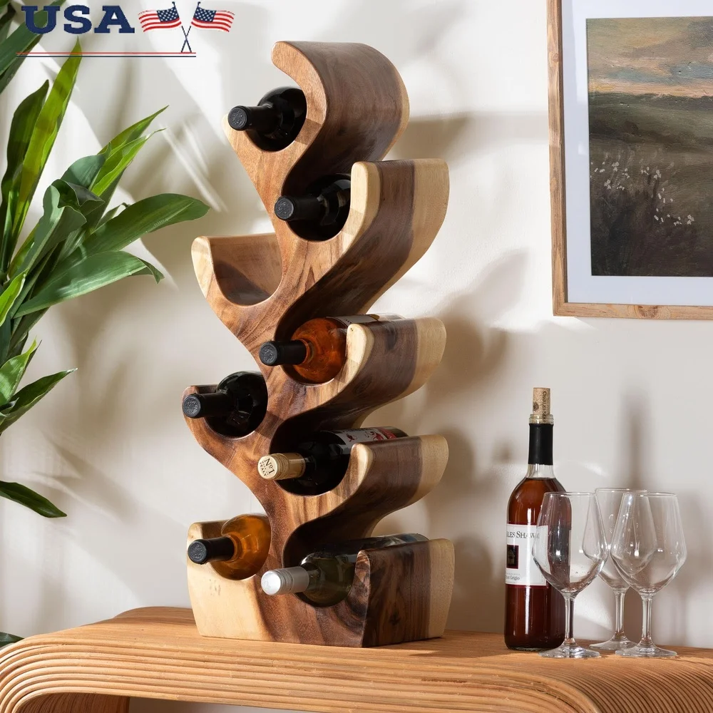 

Natural Suar Wood Wine Rack Eight Bottle Holder Hand-Carved Bohemian Design Free-Standing Home Decor Fully Assembled Unique