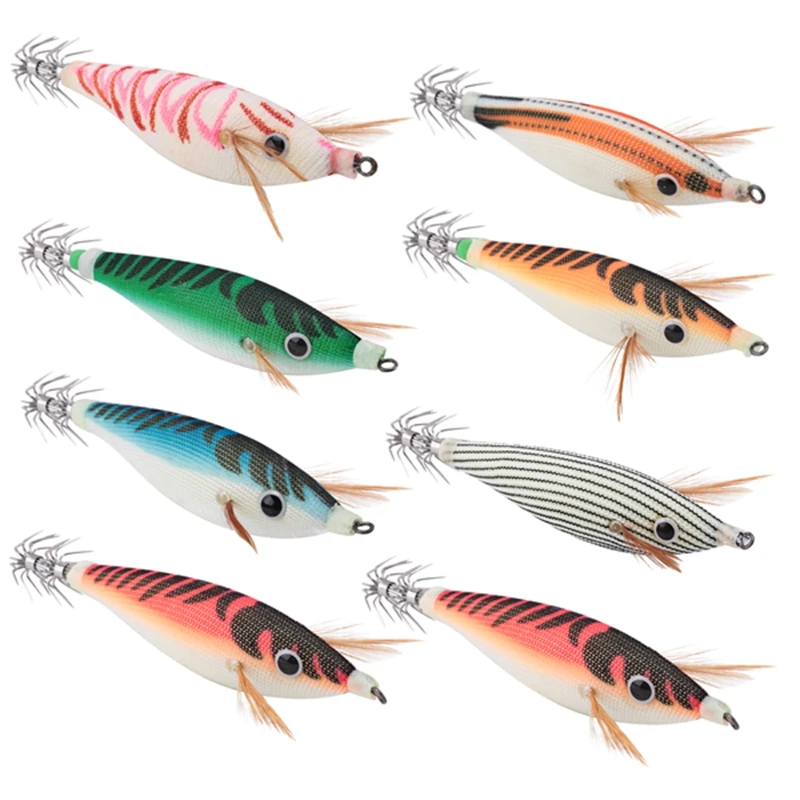 8Pcs 9.6G 10Cm Luminou Squid Jig Fishing Wood Shrimp Lure Squid Cuttlefish Jigs Lures Fishing Baits