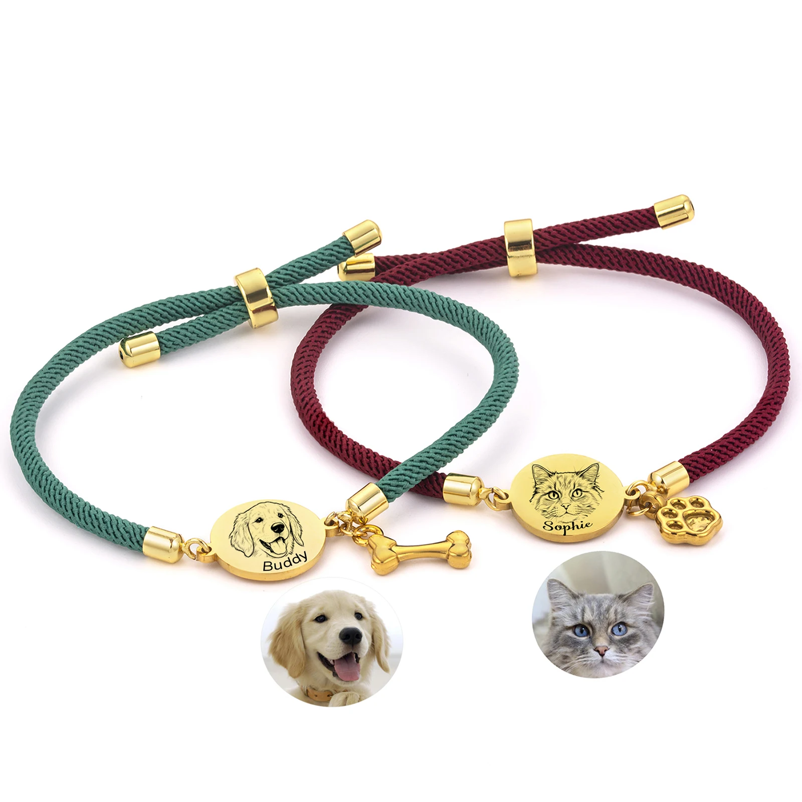 Personalized Pet Portrait Bracelet Custom Engraved Gold Plated Stainless Steel Coin Charm, Adjustable Rope Bracelet Gift