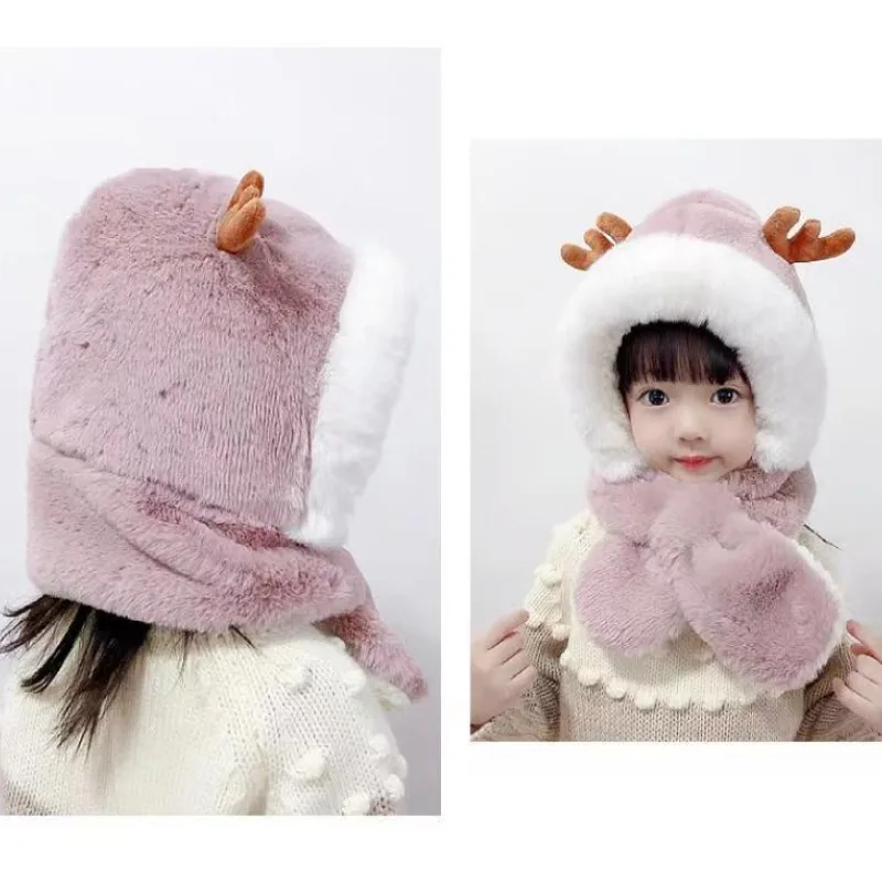 Children's Plush Hat Winter Kids Beanie Boy Girl Cartoon Deer Antler Hats Scarf Soft Windproof Thick Ear Protection Toddler Cap