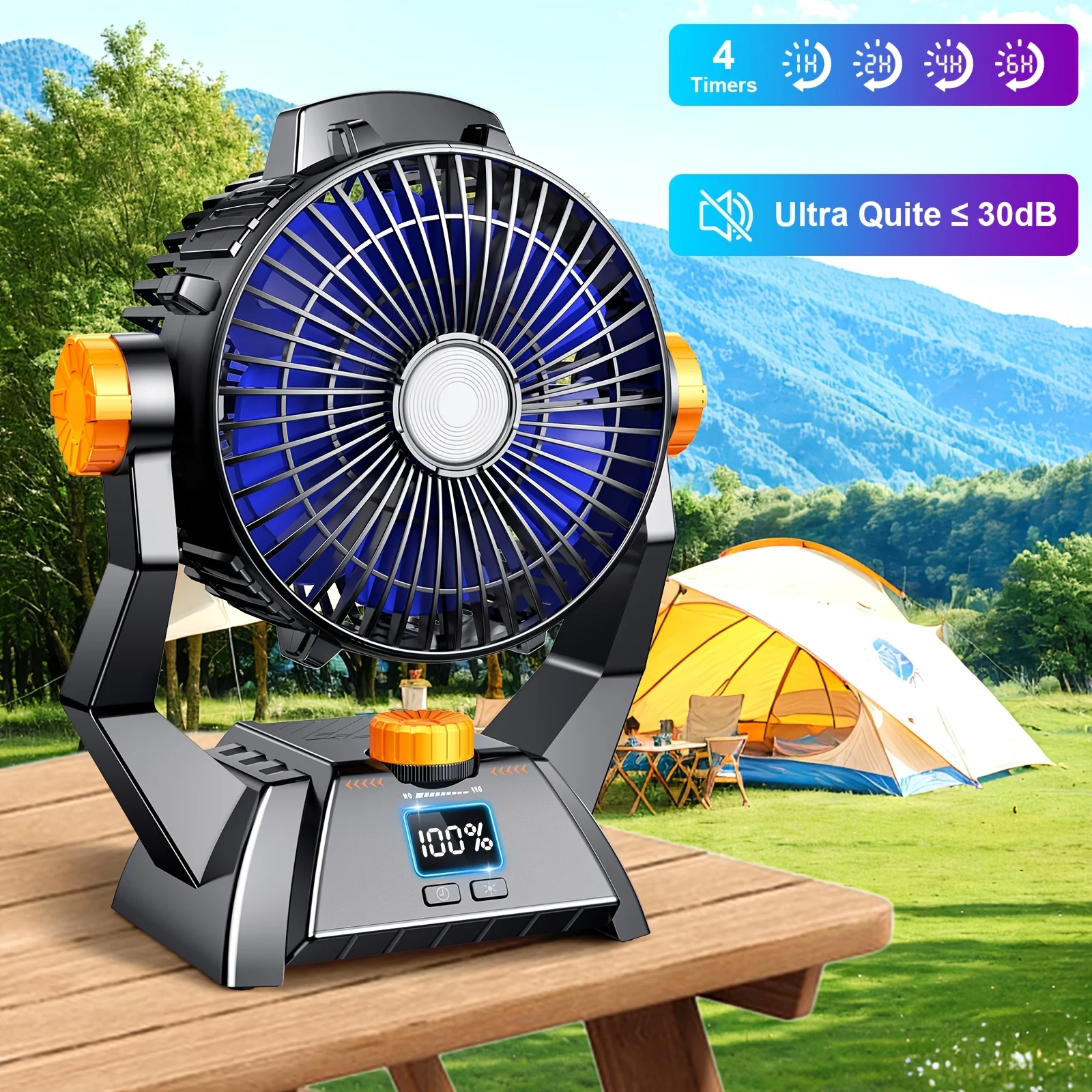 Portable Camping Fan - Equipped with LED Lighting (Three Brightness Levels Adjustable), with Timer Function, Silent Operation, 360° Rotation, Extremely Long Battery Life, Strong Wind Force, and Adjustable Speed via USB.