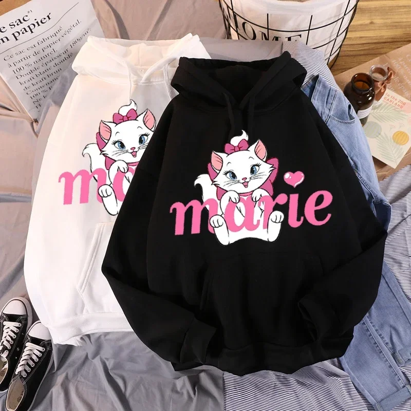 귀여운 마리 고양이 프린트 여성 하라주쿠 의류 풀오버 캐주얼 상의 후디, 빈티지 미학 레이디 마리 고양이 후디, Y2k