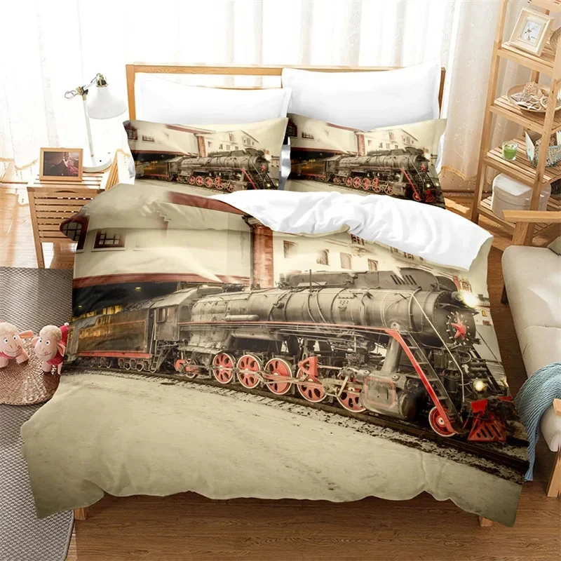 Steam Engine Duvet Cover King Queen Microfiber Vintage Locomotive in Countryside Scenery Green Grass Train Pattern Bedding Set