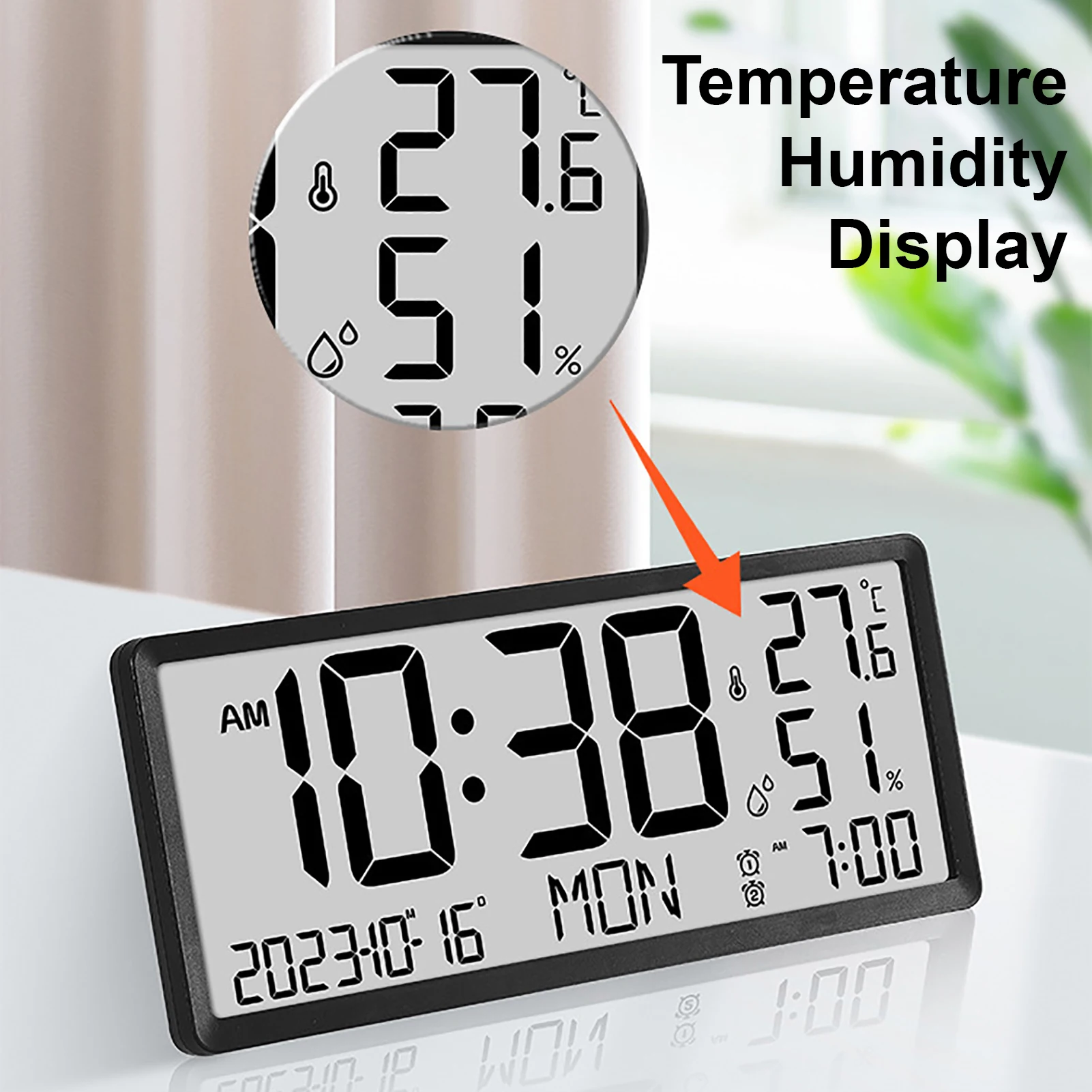 Large Digital Wall Clock Temp Humidity Date Week Display Table Clock Sitting And Hanging Dual Use Stylish Electronic Alarm Clock