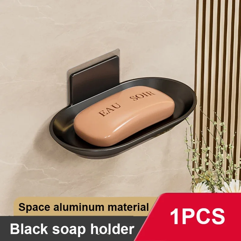 Wall Mounted Soap Dish Space Aluminum Soap Holder Drainage Soap Tray Waterproof Adhesive Soap Rack for Bathroom Shower Sink