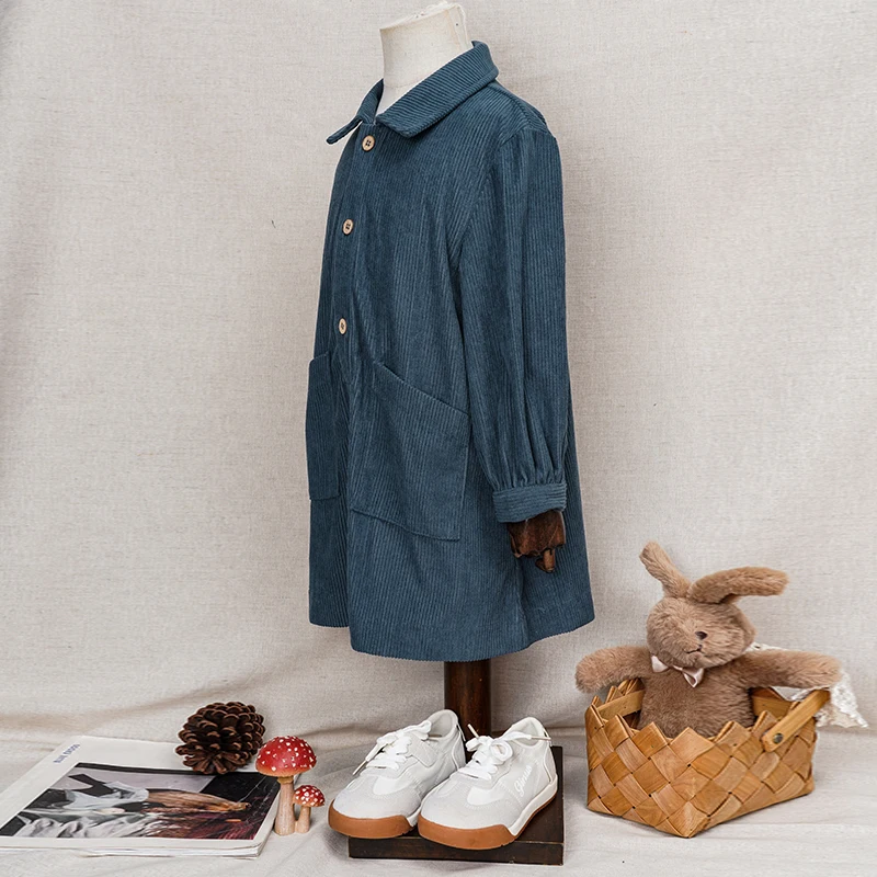 Lässiges Cordkleid für Mädchen 2026 Retro Herbst Neu Kinderkleid mit Revers Knöpfen Langarm mit Taschen Winterkleidung – Detail 17