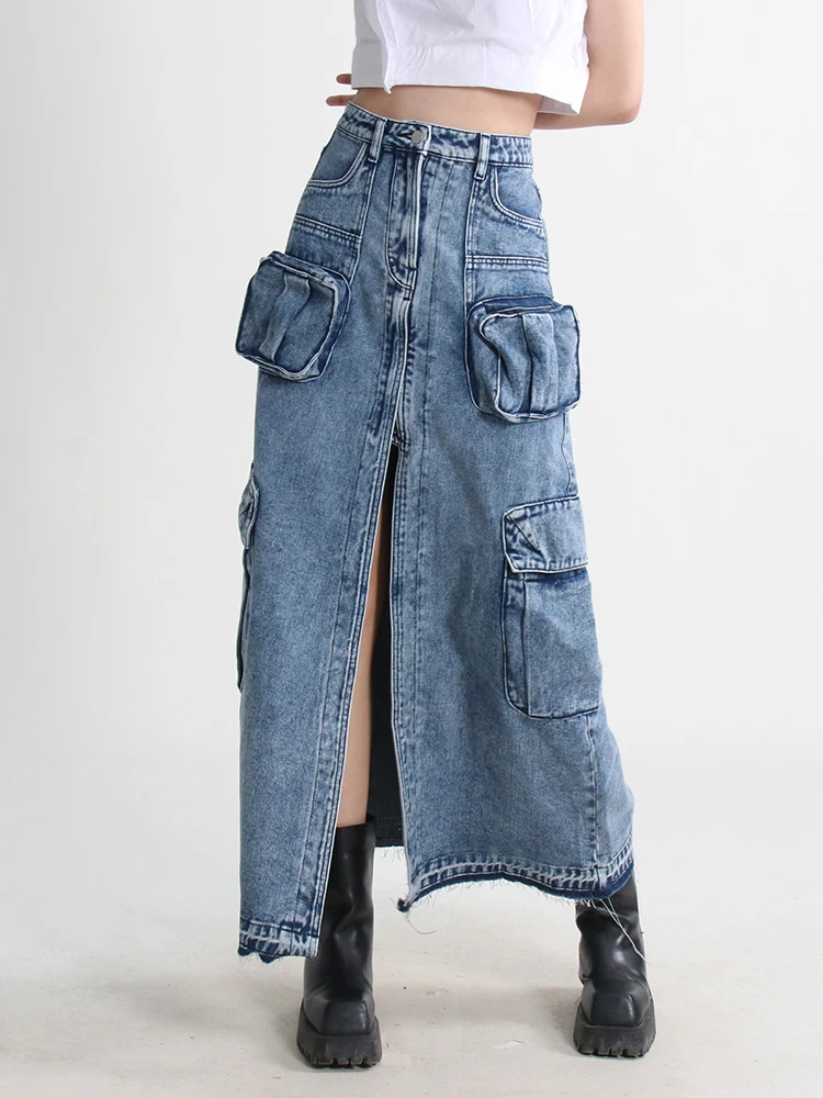 American Retro Heavyweight Multi-Pocket Denim  Skirt Women's High Waist Design Worn-look Slit Sexy Butt-hugging Long Skirt