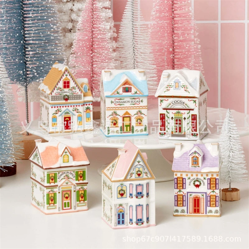 Holiday Village Spice House Set Mini Christmas Gingerbread Houses Jars Festive Decor Kitchen Countertop Christmas Candle