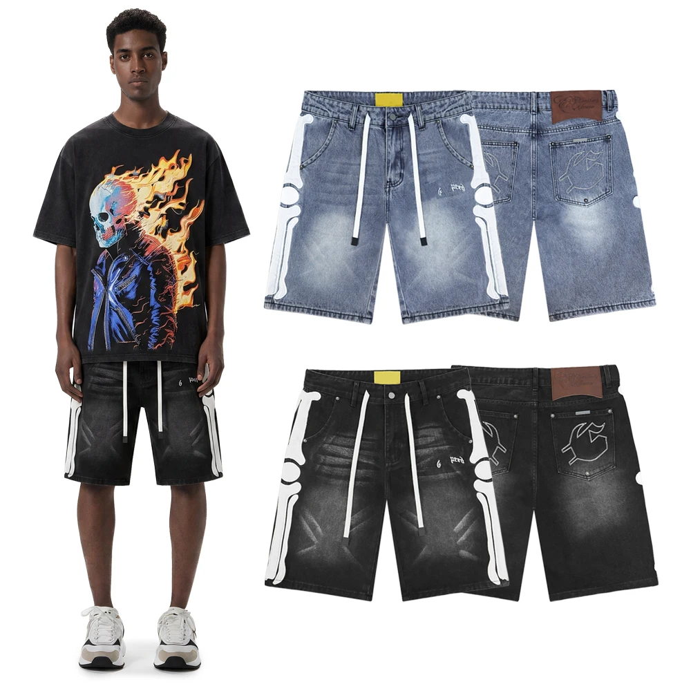 Y2k Streetwear Short Jeans with Bone Embroidery Hiphop Street Style Cotton Vintage Distressed Casual Denim Short Pants for Men's