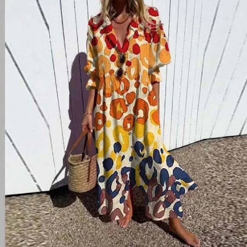 Women\'s Retro Geometry Circle Print Long Dress, Spring Single Breasted Lapel Shirt Dress, Summer Puff Short Sleeve, A-Line Boho