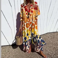 Women's Retro Geometry Circle Print Long Dress, Spring Single Breasted Lapel Shirt Dress, Summer Puff Short Sleeve, A-Line Boho