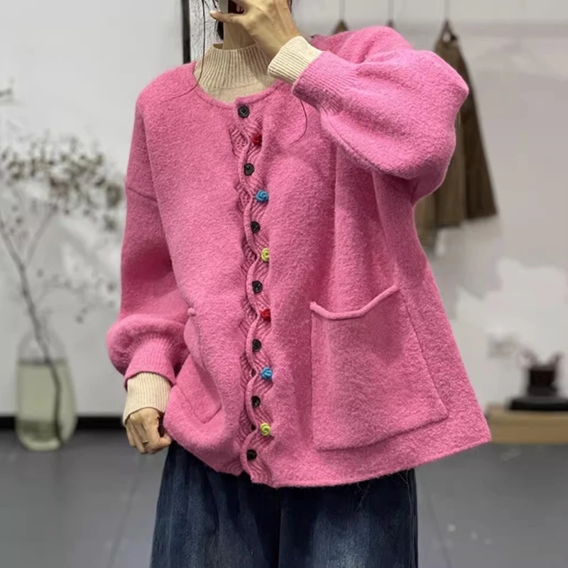 

Japanese style pink sweater jacket women in autumn and winter loose and lazy style design colorful crochet knit cardigan