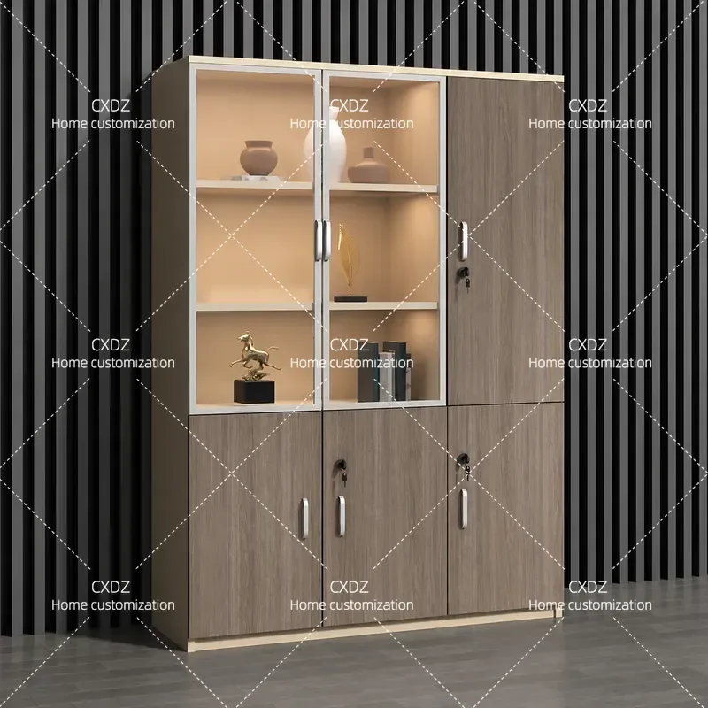 Wood Glass Door File Cabinet Modern Office Data File Lock Bookcase Board Shelf Simple Locker