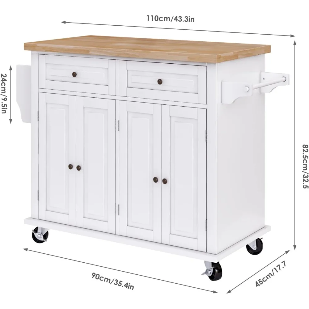 عربة جزيرة المطبخ المتدحرجة بأبعاد 43 بوصة، تتميز بأدراج وخزانة تخزين، وهي مصنوعة من الخشب المطاطي