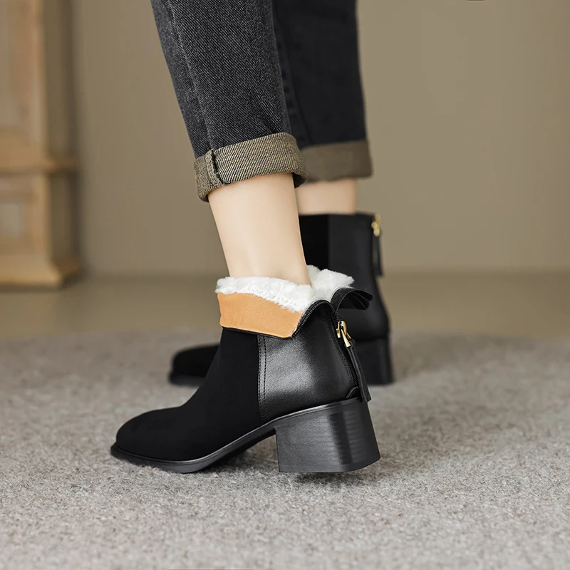 2026 موضة طفل الجلد المدبوغ النساء الكاحل الثلوج أحذية الشتاء عالية الكعب أحذية دافئة جولة تو دراجة نارية عادية أحذية بوت قصيرة 34-40 #2