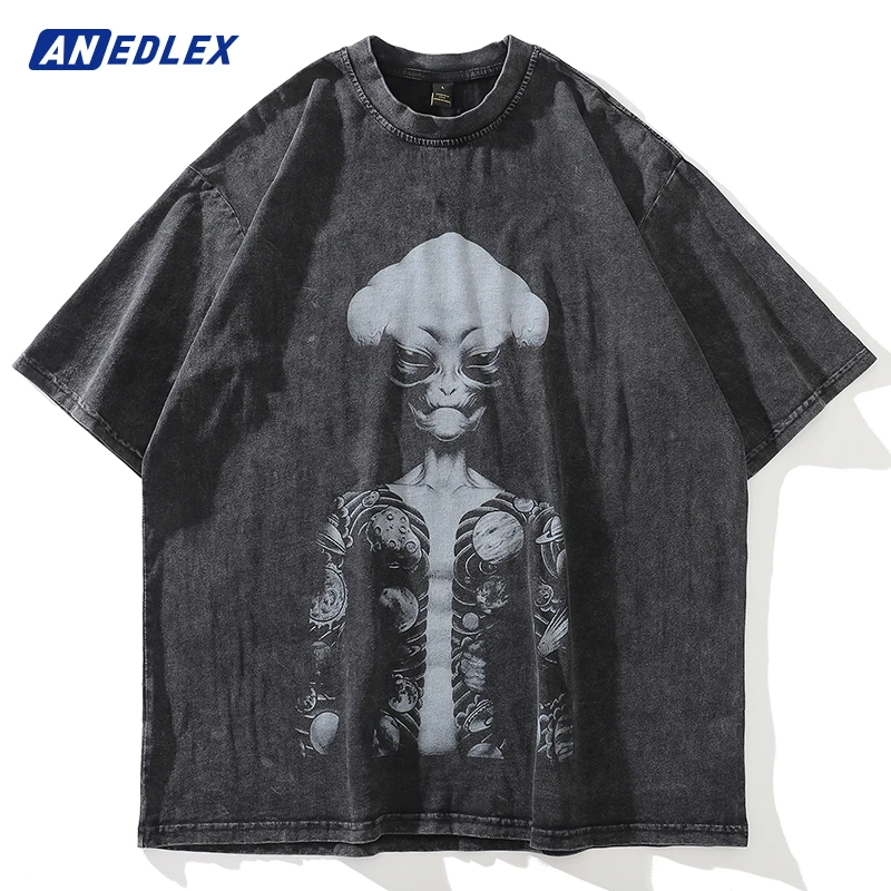 2022 Men Washed T Shirt Hip Hop Streetwear Japanese Cartoon Tattoo Girl Graphic T-Shirt Vintage Tops Cotton Short Sleeve Tshirt