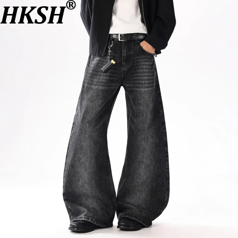 

HKSH Spring Men Tide Washed Bamboo Pattern Jeans Women Floor-Length Slim Deconstructed Loose Straight Draped Denim Pants HK19250
