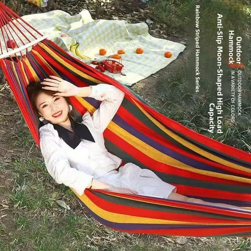 outdoor-canvas-hammock-swing-single-double-rainbow-stripes-mixed-fabric-anti-tip-bend-rod-stainless-steel-connector-tree-hang