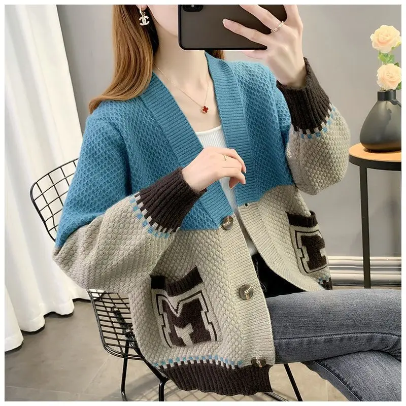 Women\'s Korean Contrast Color Patchwork Sweaters Cardigan Autumn Winter Female Fashion All-match Single-breasted Knitted Coat