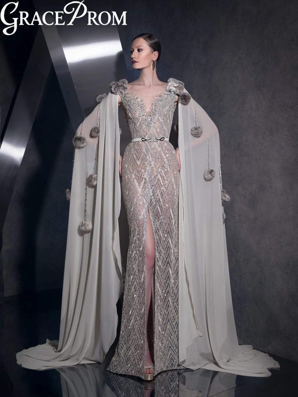 

Мерцающее вечернее платье с бисером, элегантное вечернее платье длиной до пола с накидкой и рукавами, роскошные платья для выпускного вечера с иллюзией по индивидуальному заказу